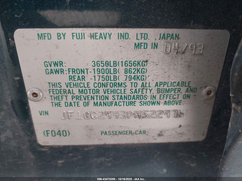 1993 Subaru Impreza L Plus VIN: JF1GC2443PH522976 Lot: 43475395
