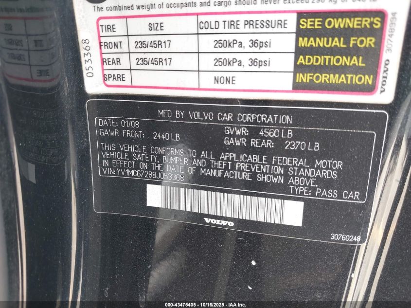 2008 Volvo C70 T5 VIN: YV1MC67288J053368 Lot: 43475405