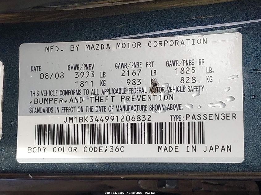 2009 Mazda Mazda3 S Grand Touring VIN: JM1BK344991206832 Lot: 43475407