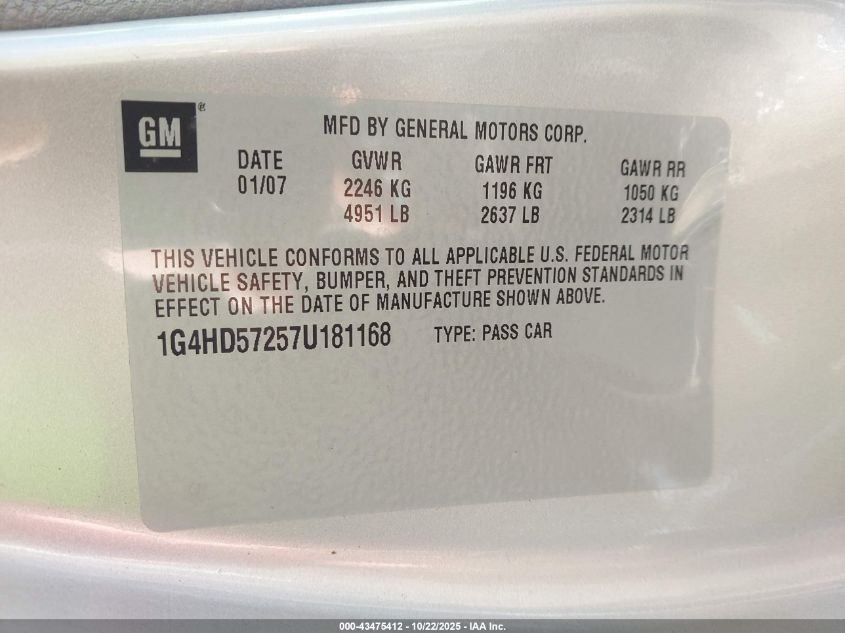 2007 Buick Lucerne Cxl VIN: 1G4HD57257U181168 Lot: 43475412