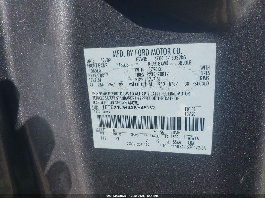 2010 Ford F-150 Stx/Xl VIN: 1FTEX1CW4AKB45152 Lot: 43475529