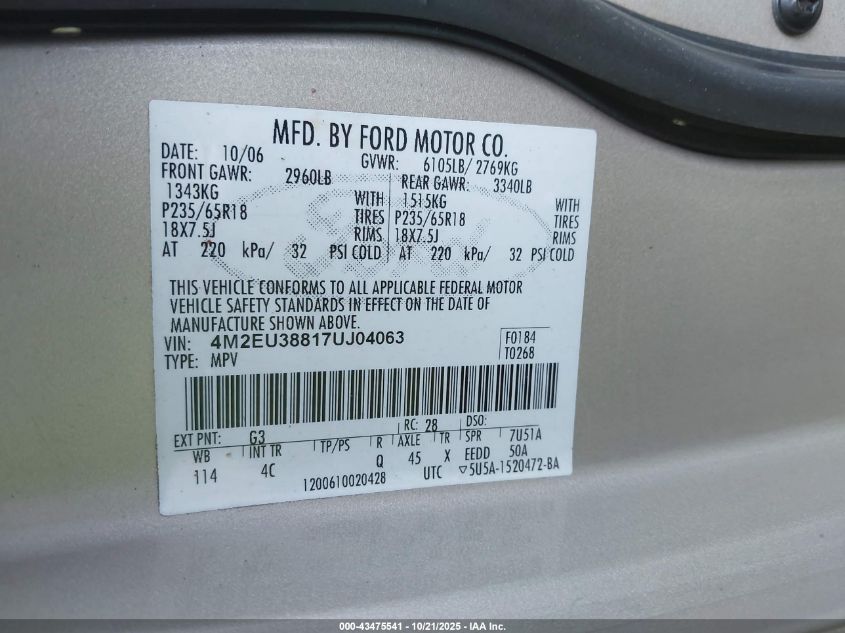 2007 Mercury Mountaineer Premier VIN: 4M2EU38817UJ04063 Lot: 43475541