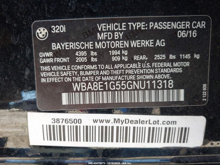 2016 BMW 320I WBA8E1G55GNU11318
