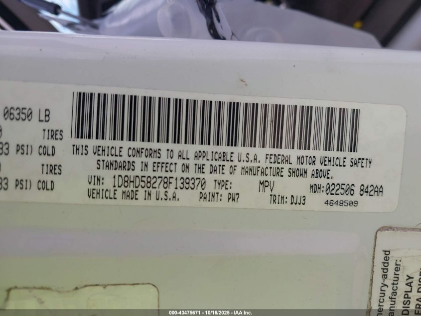 2008 Dodge Durango Limited VIN: 1D8HD58278F139370 Lot: 43475671