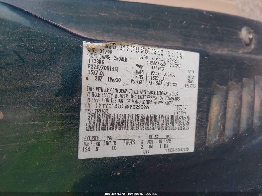 1998 Ford Ranger Super Cab VIN: 1FTYR14U1WPB22376 Lot: 43475672