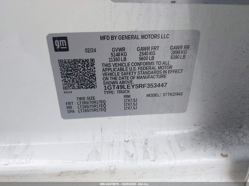 2024 GMC Sierra 2500Hd 4Wd Long Bed Pro VIN: 1GT49LEY5RF353447 Lot: 43475679