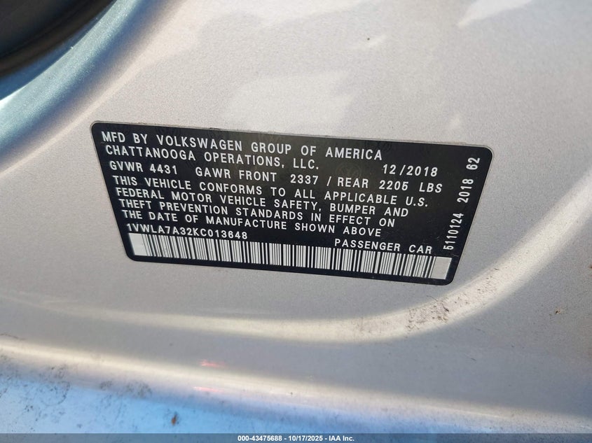 2019 VOLKSWAGEN PASSAT 2.0T WOLFSBURG EDITION 1VWLA7A32KC013648