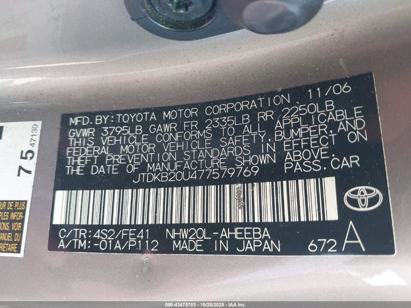2007 Toyota Prius VIN: JTDKB20U477579769 Lot: 43475703