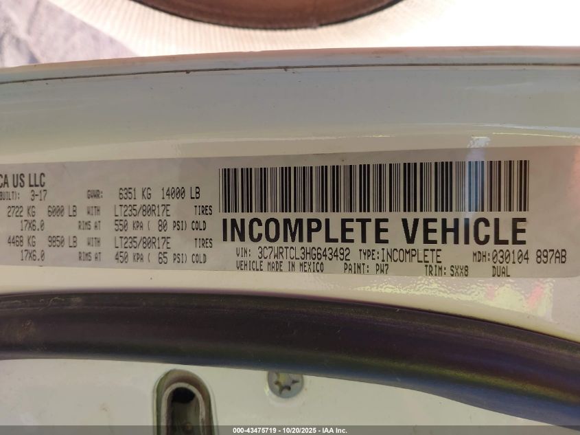 2017 Ram 3500 Chassis Tradesman/Slt/Laramie VIN: 3C7WRTCL3HG643492 Lot: 43475719