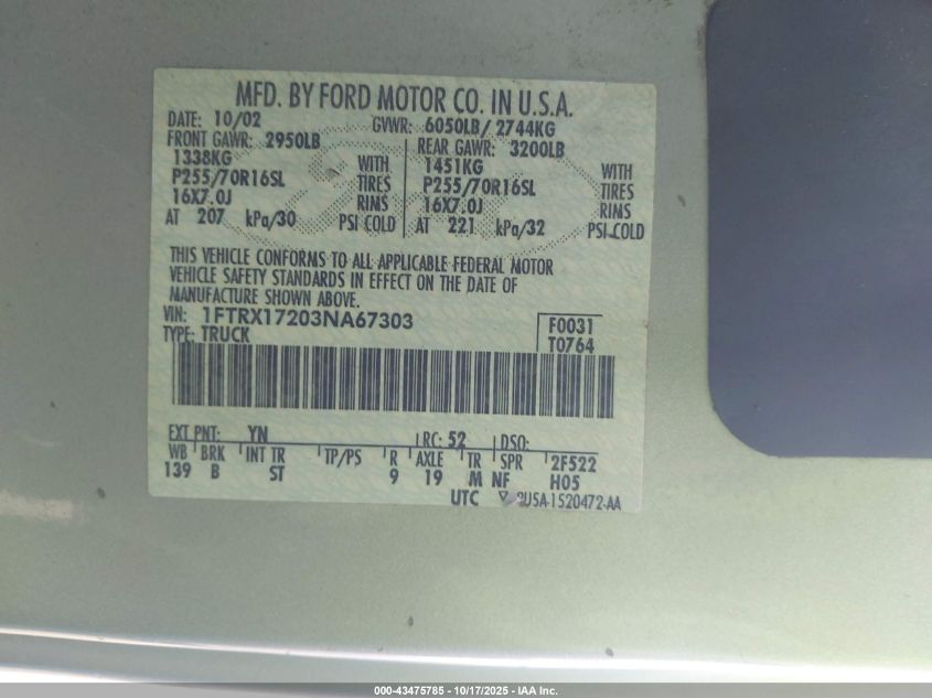 2003 Ford F-150 Xl/Xlt VIN: 1FTRX17203NA67303 Lot: 43475785