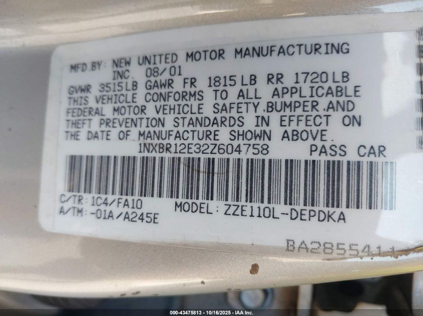 2002 Toyota Corolla Le VIN: 1NXBR12E32Z604758 Lot: 43475813