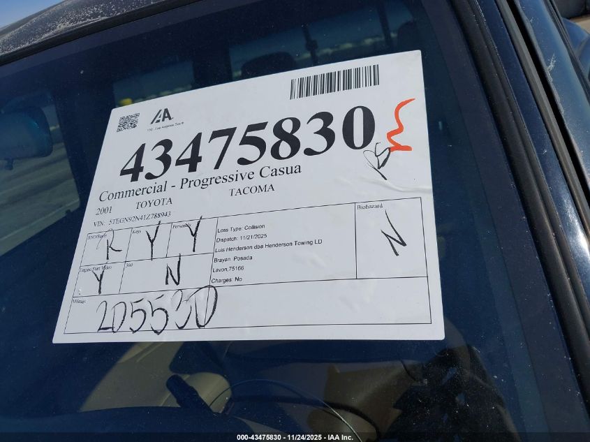 2001 Toyota Tacoma Prerunner V6 VIN: 5TEGN92N41Z788943 Lot: 43475830