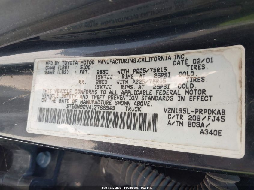 2001 Toyota Tacoma Prerunner V6 VIN: 5TEGN92N41Z788943 Lot: 43475830