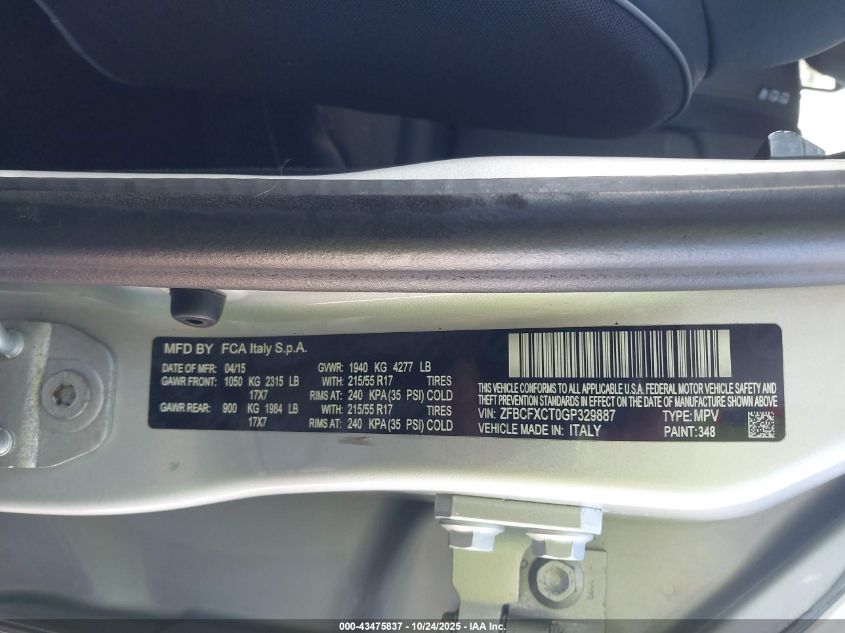 2016 Fiat 500X Trekking VIN: ZFBCFXCT0GP329887 Lot: 43475837