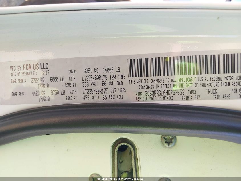 2017 Ram 3500 Tradesman 4X4 8' Box VIN: 3C63RRGL6HG757653 Lot: 43475903