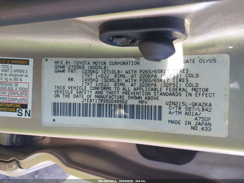 JTEBT17R950048562 2005 TOYOTA 4RUNNER photo no. 9