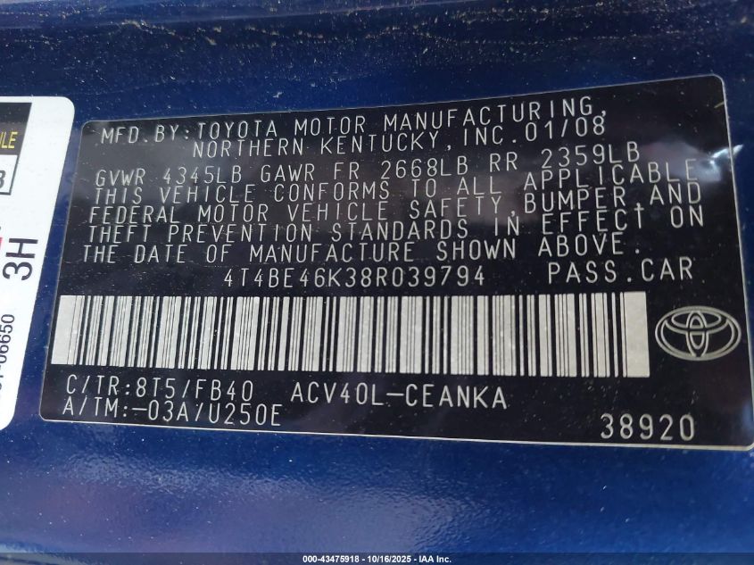 2008 Toyota Camry Le VIN: 4T4BE46K38R039794 Lot: 43475918
