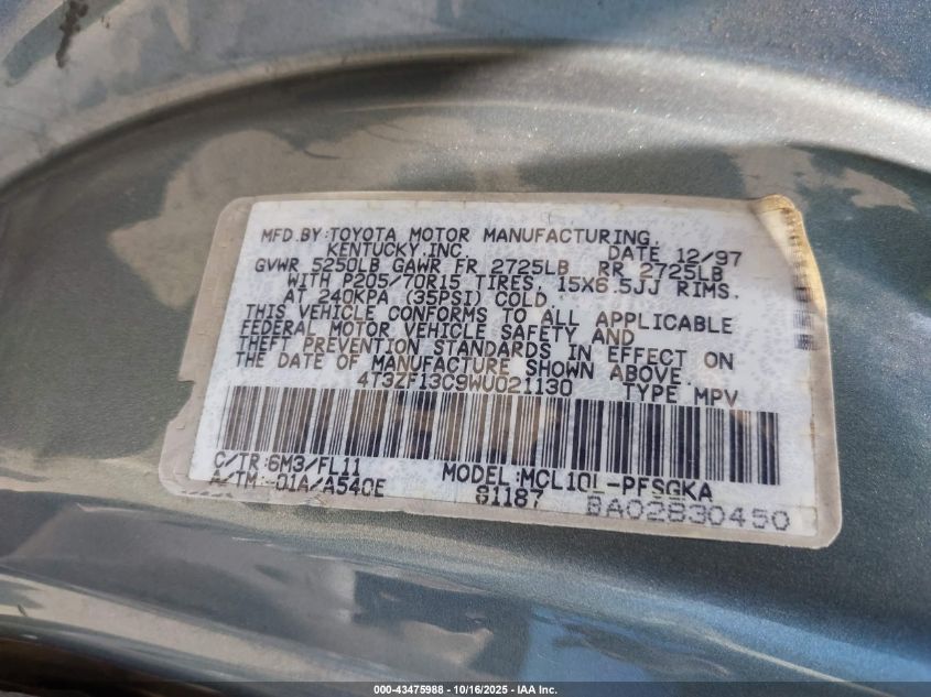 1998 Toyota Sienna Le VIN: 4T3ZF13C9WU021130 Lot: 43475988