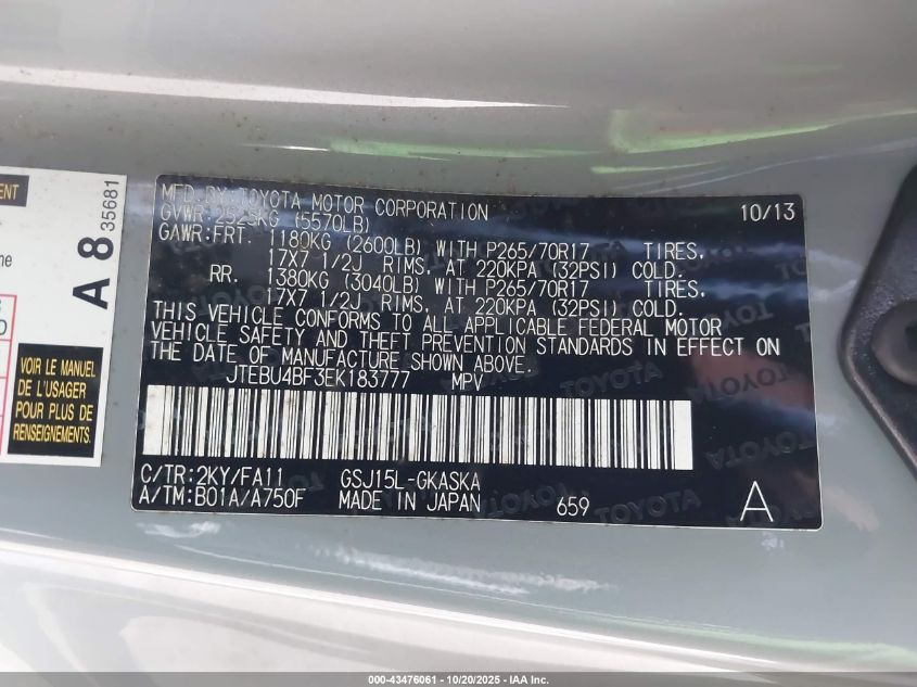 2014 Toyota Fj Cruiser VIN: JTEBU4BF3EK183777 Lot: 43476061