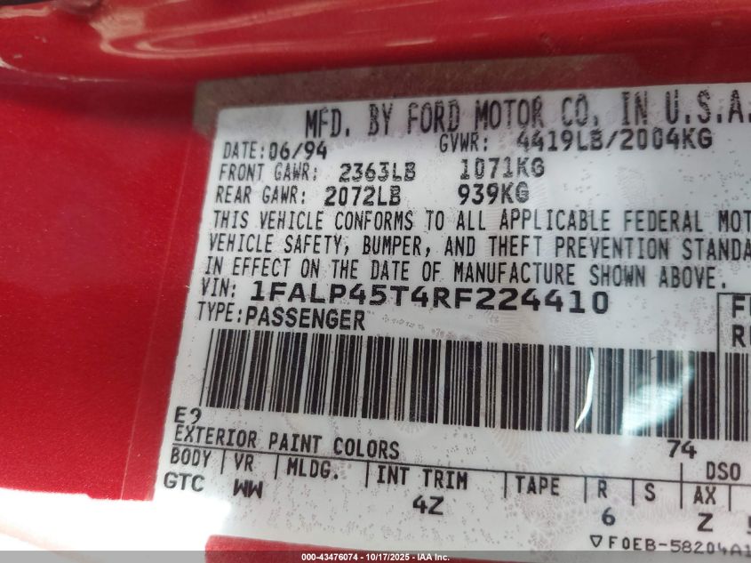 1994 Ford Mustang Gt VIN: 1FALP45T4RF224410 Lot: 43476074