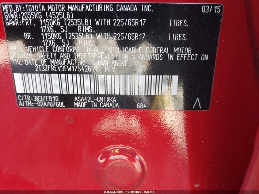 2015 TOYOTA RAV4 LE 2T3ZFREV3FW175426