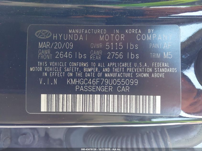 2009 Hyundai Genesis 4.6 VIN: KMHGC46F79U055099 Lot: 43476126