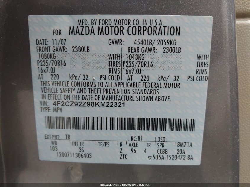 2008 Mazda Tribute I Sport VIN: 4F2CZ92Z98KM22321 Lot: 43476132