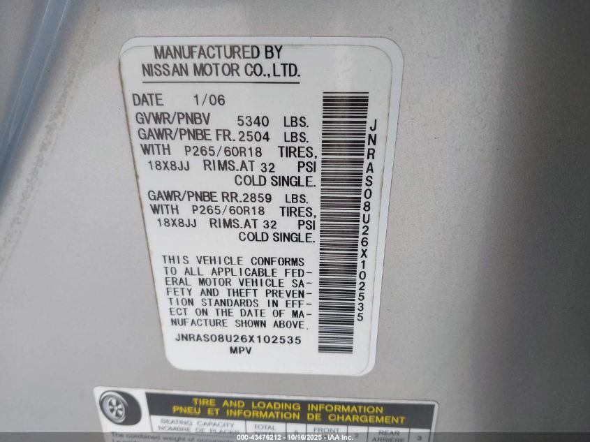 2006 Infiniti Fx35 VIN: JNRAS08U26X102535 Lot: 43476212