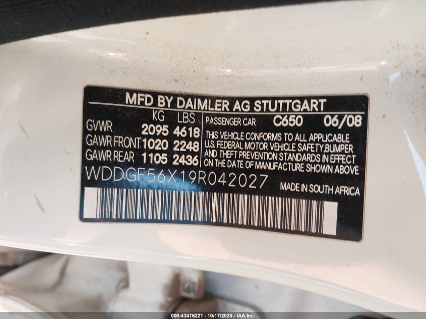 2009 Mercedes-Benz C 350 Sport VIN: WDDGF56X19R042027 Lot: 43476221