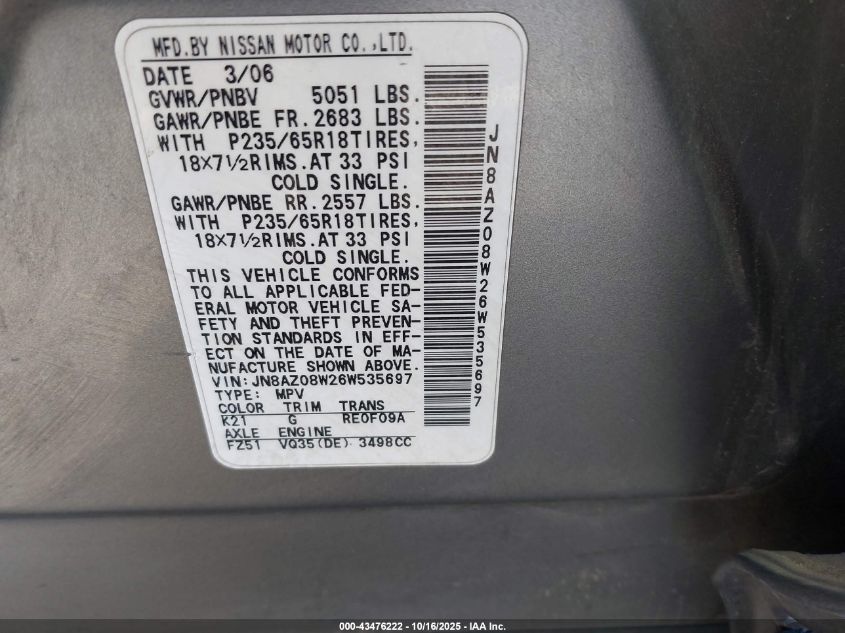 2006 Nissan Murano Sl VIN: JN8AZ08W26W535697 Lot: 43476222