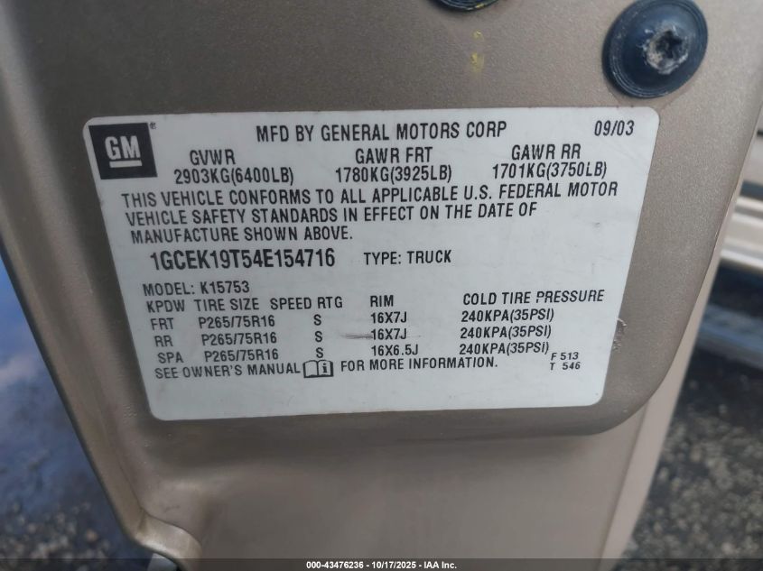 2004 Chevrolet Silverado 1500 Lt VIN: 1GCEK19T54E154716 Lot: 43476236