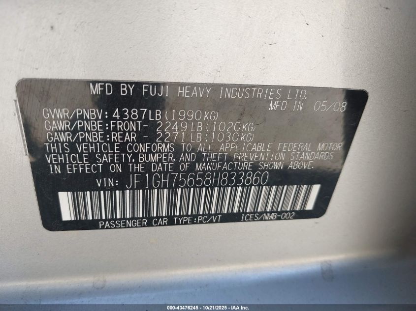 2008 Subaru Impreza Wrx VIN: JF1GH75658H833860 Lot: 43476245