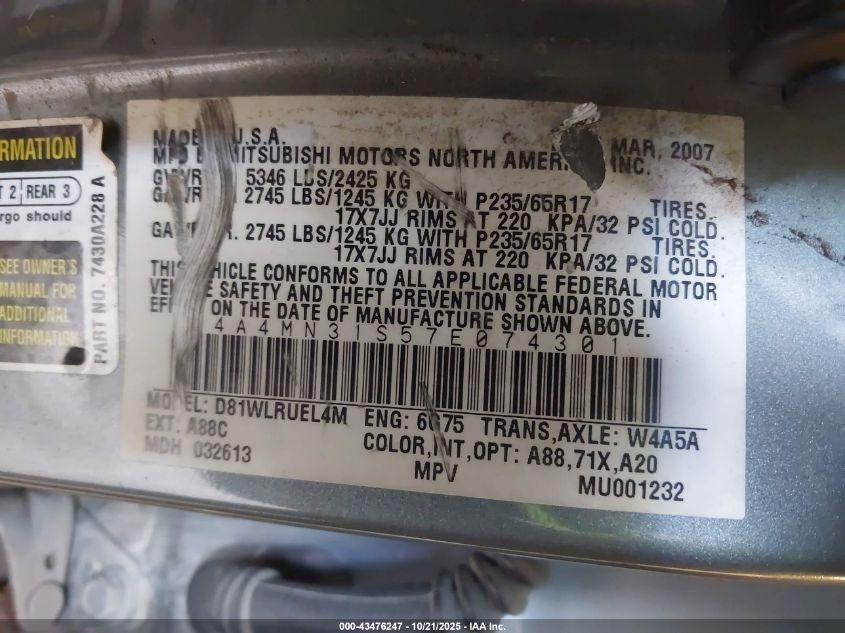 2007 Mitsubishi Endeavor Se VIN: 4A4MN31S57E074301 Lot: 43476247