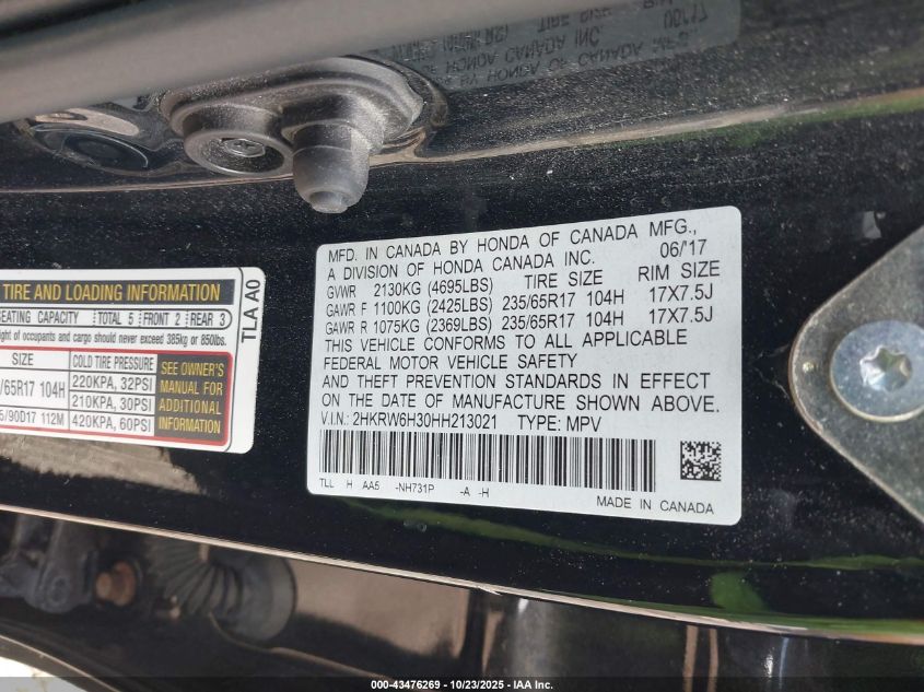 2017 Honda Cr-V Lx VIN: 2HKRW6H30HH213021 Lot: 43476269