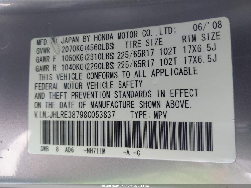2008 Honda Cr-V Ex-L VIN: JHLRE38798C053837 Lot: 43476281