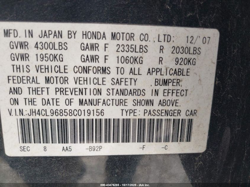 2008 Acura Tsx VIN: JH4CL96858C019156 Lot: 43476285