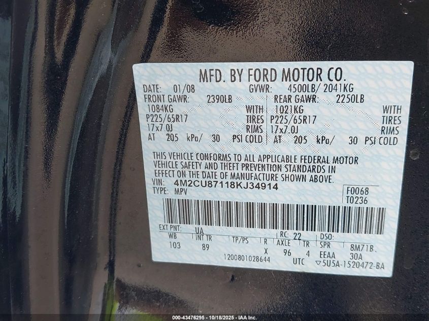2008 Mercury Mariner Premier VIN: 4M2CU87118KJ34914 Lot: 43476295