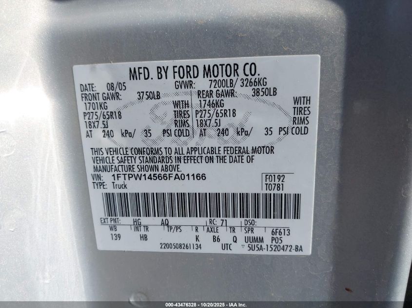 2006 Ford F-150 Fx4/Lariat/Xlt VIN: 1FTPW14566FA01166 Lot: 43476328