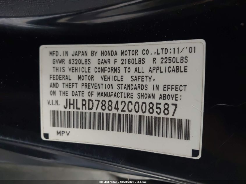 2002 Honda Cr-V Ex VIN: JHLRD78842C008587 Lot: 43476349