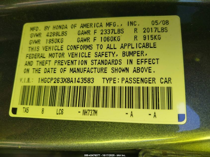 2008 Honda Accord 2.4 Lx VIN: 1HGCP263X8A143583 Lot: 43476377