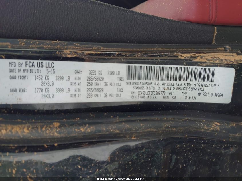 2015 Dodge Durango R/T VIN: 1C4SDJCT8FC880770 Lot: 43476415