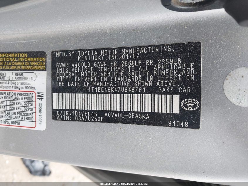 2007 Toyota Camry Se VIN: 4T1BE46K47U646781 Lot: 43476457