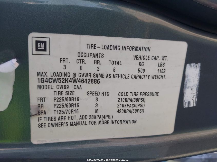 1998 Buick Park Avenue VIN: 1G4CW52K4W4642886 Lot: 43476463