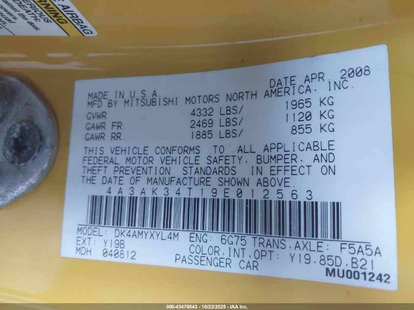 2009 Mitsubishi Eclipse Gt VIN: 4A3AK34T19E012563 Lot: 43476543