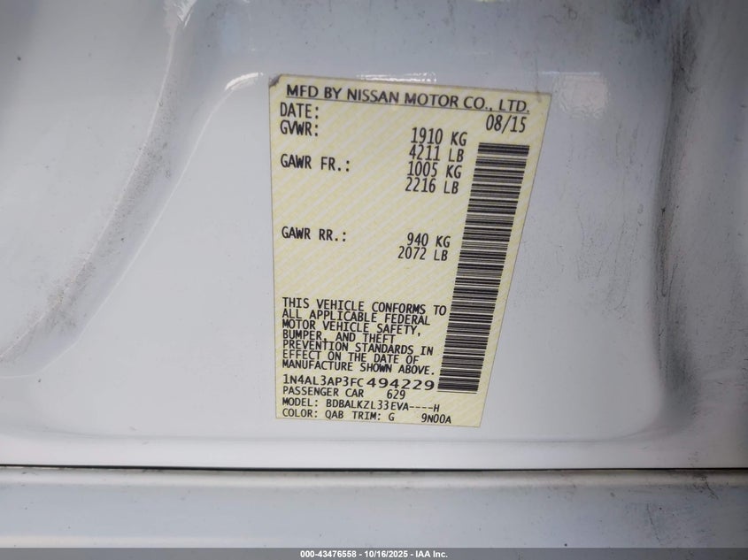 2015 NISSAN ALTIMA 2.5 SV 1N4AL3AP3FC494229