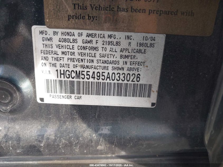 2005 Honda Accord 2.4 Lx VIN: 1HGCM55495A033026 Lot: 43476562