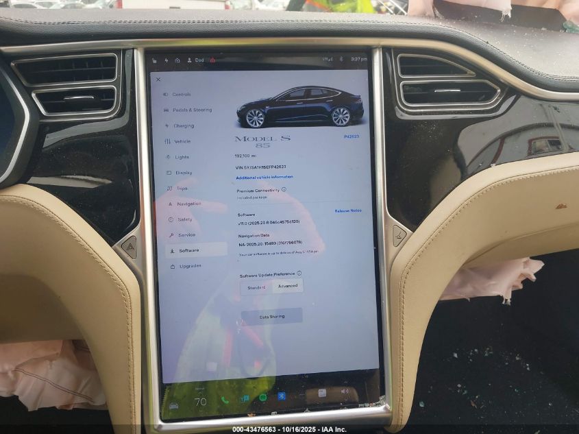 2014 Tesla Model S P85 VIN: 5YJSA1H15EFP42623 Lot: 43476563