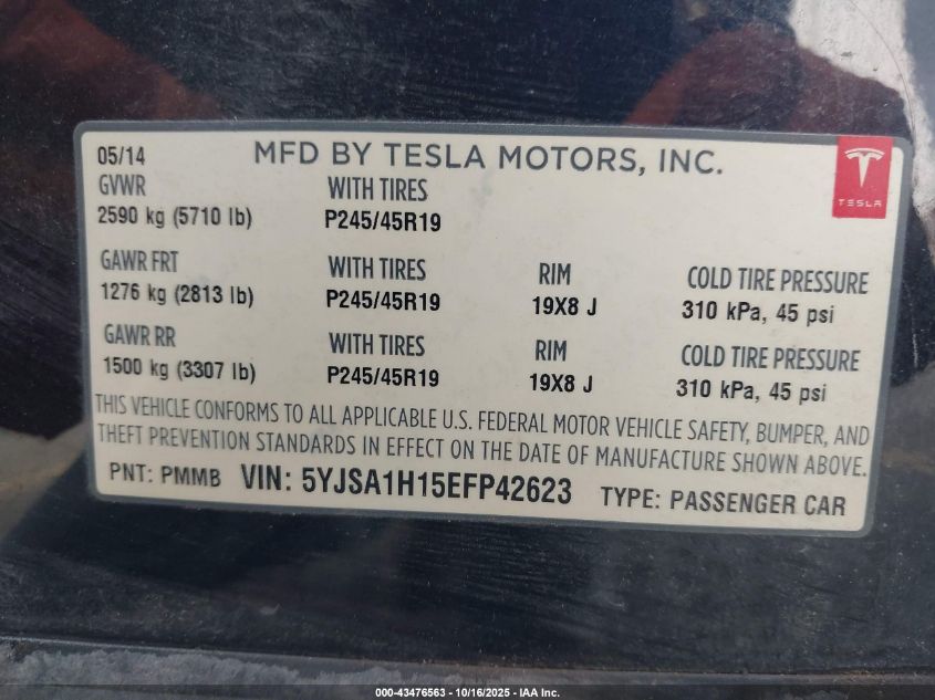2014 Tesla Model S P85 VIN: 5YJSA1H15EFP42623 Lot: 43476563