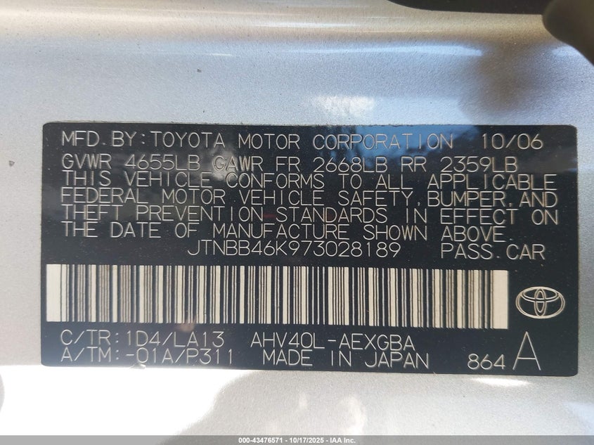JTNBB46K973028189 2007 TOYOTA CAMRY photo no. 9