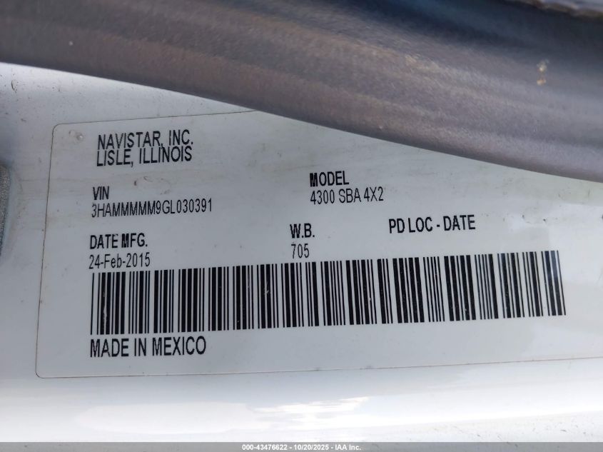 2016 International 4000 4300 VIN: 3HAMMMMM9GL030391 Lot: 43476622